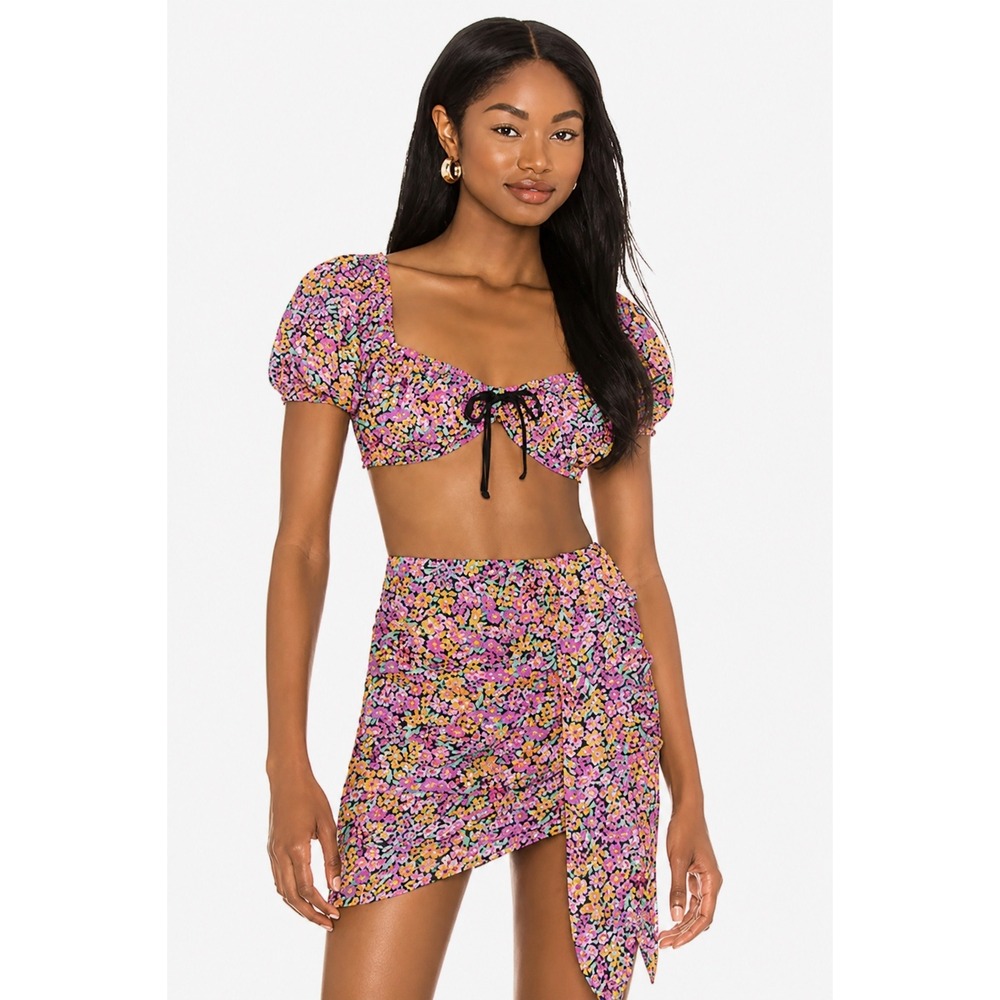 For Love & Lemons Maud Crop Top Small Floral Puff Sleeve Lace Up Back Purple